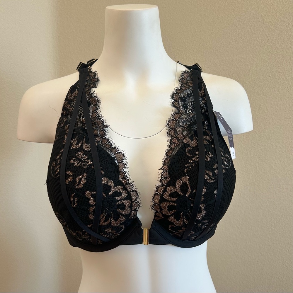 Caciqui 42C NWT Boost Plunge Seriously Sexy Bra Black Gold Lace Front Closure